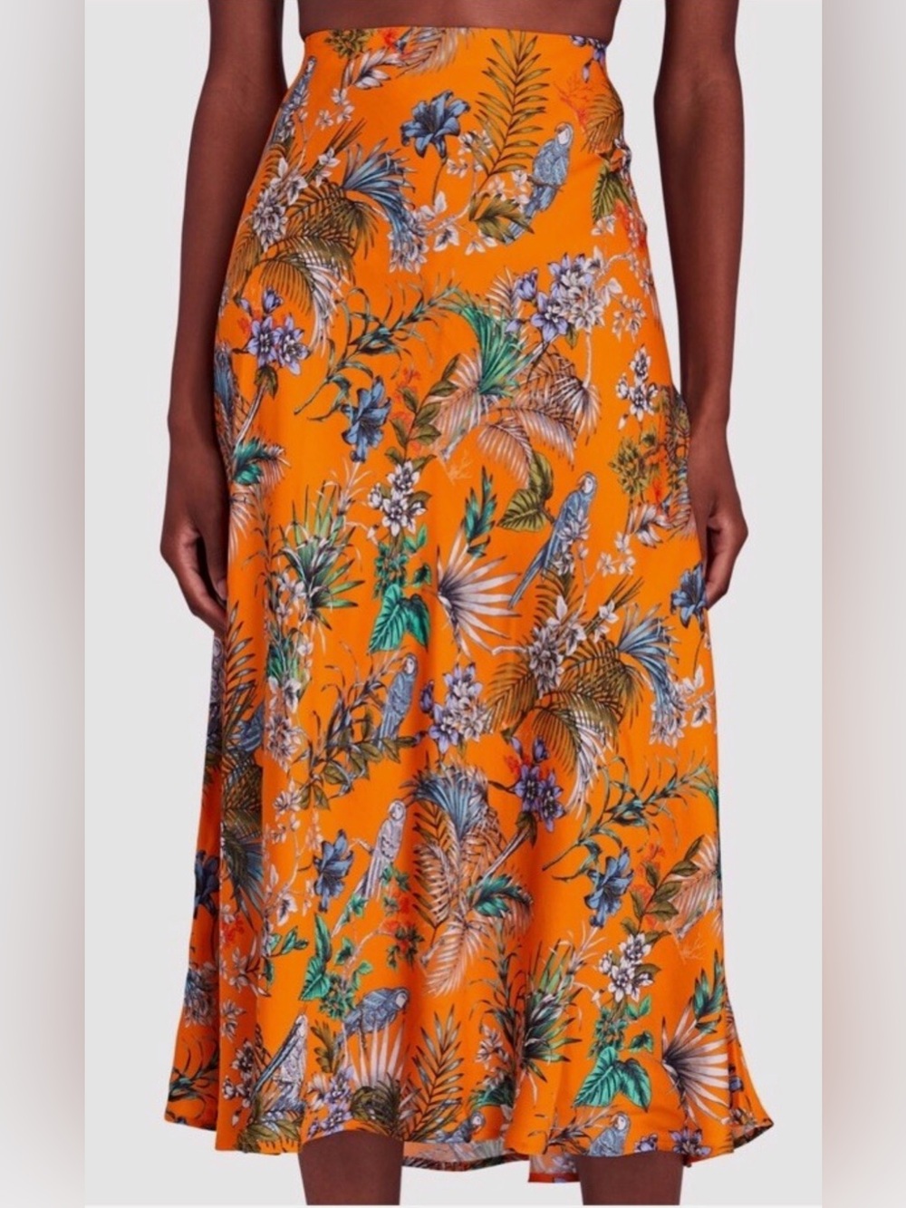 NEW L’Agence Clarisa Orange Multi Parrot Bias-Cut Midi Skirt Size Large